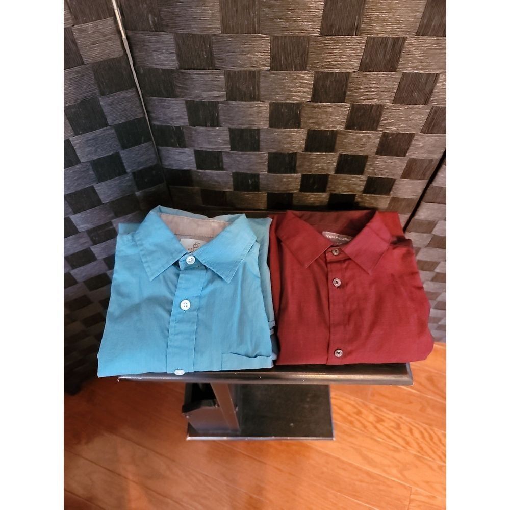 Two Boys Dress Shirts blue striped (14) & maroon size (14/16)